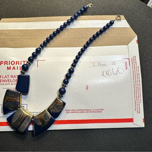 Vintage Blue Ceramic Statement Necklace Gold Glazed Art Pottery Beaded Necklace - Picture 7 of 7